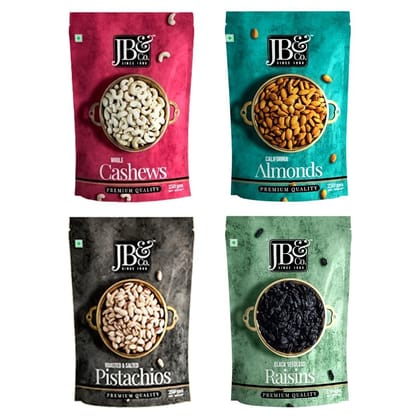 Jb&Co Combo Pack Of Fry Fruits, Imported Cashews, Almonds, Roasted Salted Pista, Black Raisins, 250G Each, 1Kg Total