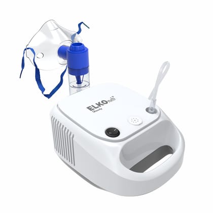ELKO Handy Piston Compressor Nebulizer Machine with Complete Mask Kit-White & Grey