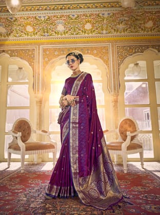 Purple Pure Satin Silk Zari Weaving Designer Saree For Women