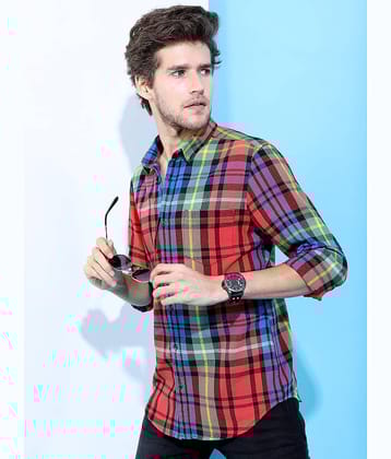 Highlander 100% Cotton Slim Fit Checks Full Sleeves Men's Casual Shirt - Red ( Pack of 1 )