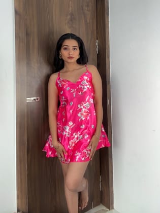 pink Satin Nightgown, Casual Round Neck Backless Slip Dress-S