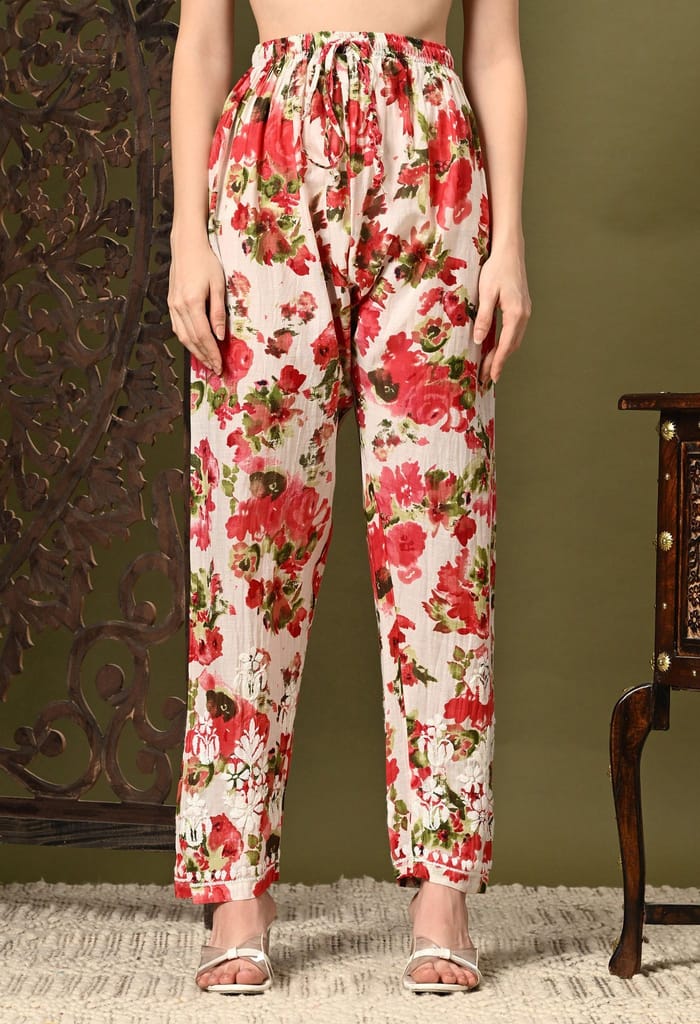 Chikankari Cord Set in Mulmul Set - Floral Print Red