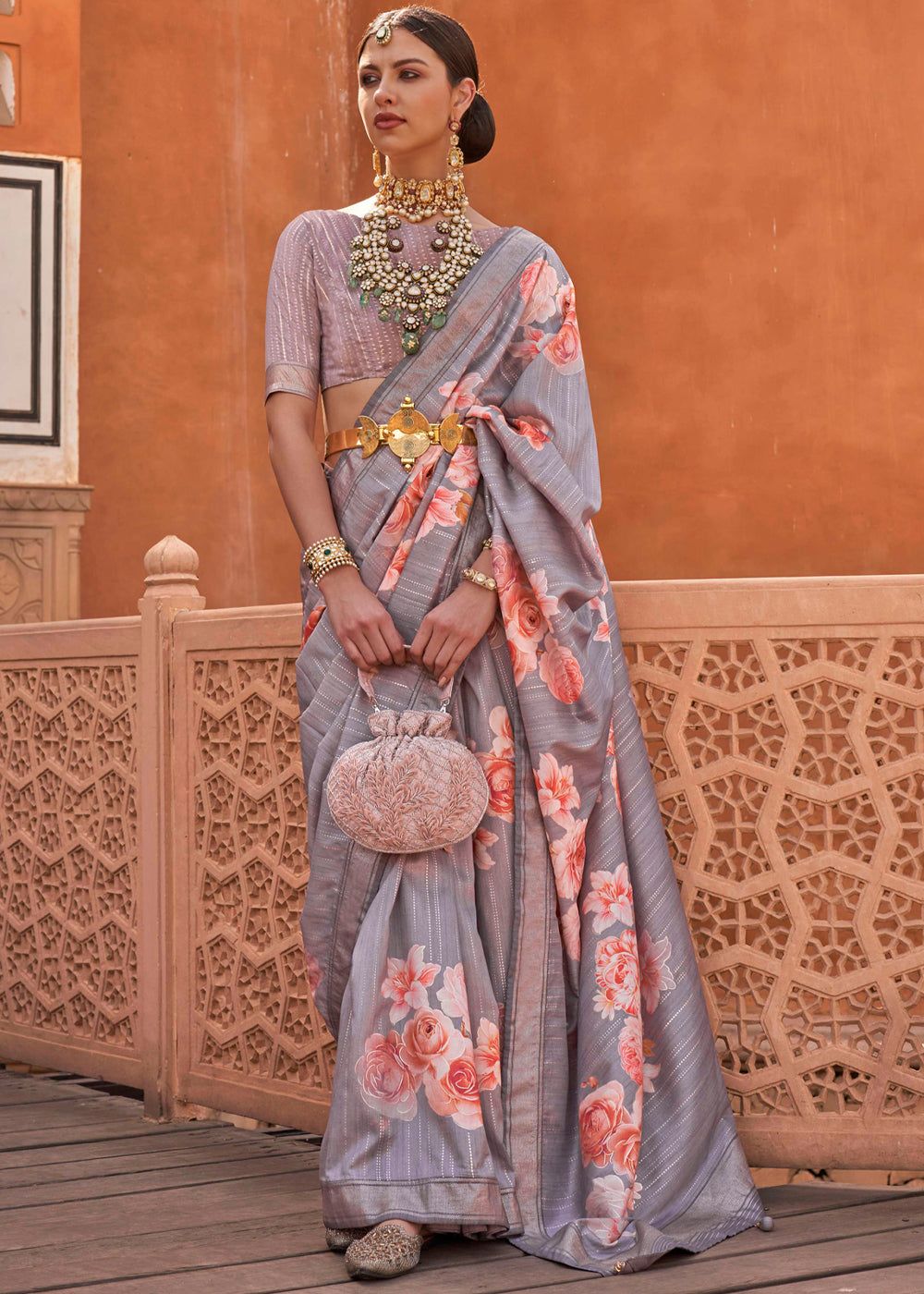 Powder Grey Soft Silk Saree With Flowery Print