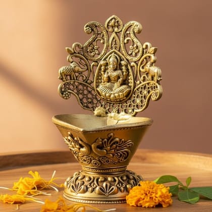 Sukh Sehaj Gajalakshmi Diya, Laxmi Deepak, Brass, Handcrafted, Antique Finish, 4.0 Inch, Oil Lamp Home Temple, Decor, Pooja Ritual and Gifting