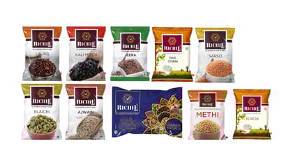 Richie Combo - Jeera 200 gm, Garam Masala 50 gm, Kali Mirch 100 gm, Badi Elaichi 50 gm, Dal Chini 50 gm, Ajwain 100 gm, Methi 200 gm, Kala Sarso 100 gm, Yellow Sarso 100 gm & Laung 50 gm - Pack of 10
