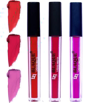 bq BLAQUE Matte Liquid Lipstick Combo of 3 Lip Color 4ml each, Waterproof - Orangish Red, Ruby Red, Swiss Light Magenta