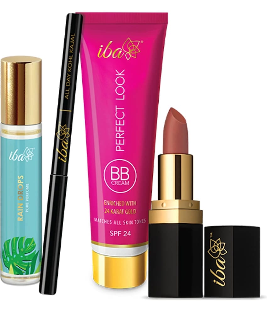 Iba Bestsellers Bundle Rain Drops Perfume, Kohl Kajal, BB Cream,Medium Shade, Lipstick, (Pack of 4)