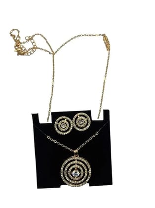 Elegant Gold Plated Necklace Set for Women with Matching Earrings | American Diamond Studded Pendant Jewellery Set | Traditional Stylish Chain Necklace for Wedding, Festive & Daily Use.,