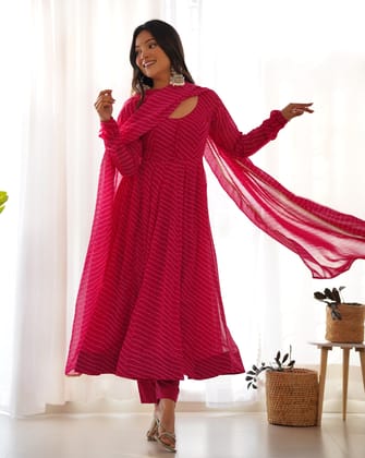 Faux Georgette Leheriya Print Anarkali 4M Flair Kurti Pant Dupatta Set (Ready To Wear)-XS(34)
