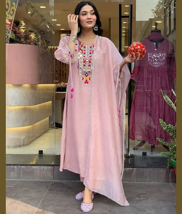 kedar fab Women Cotton Blend Embroidered Flared Kurti With Pants ( Pink )