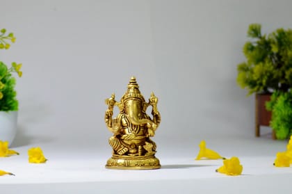 Brass Ganapathi Idol with Fruit Bowl and Mooshak (Color - Golden, Size - 5H * 3L * 2.25B) by Snova Enterprises