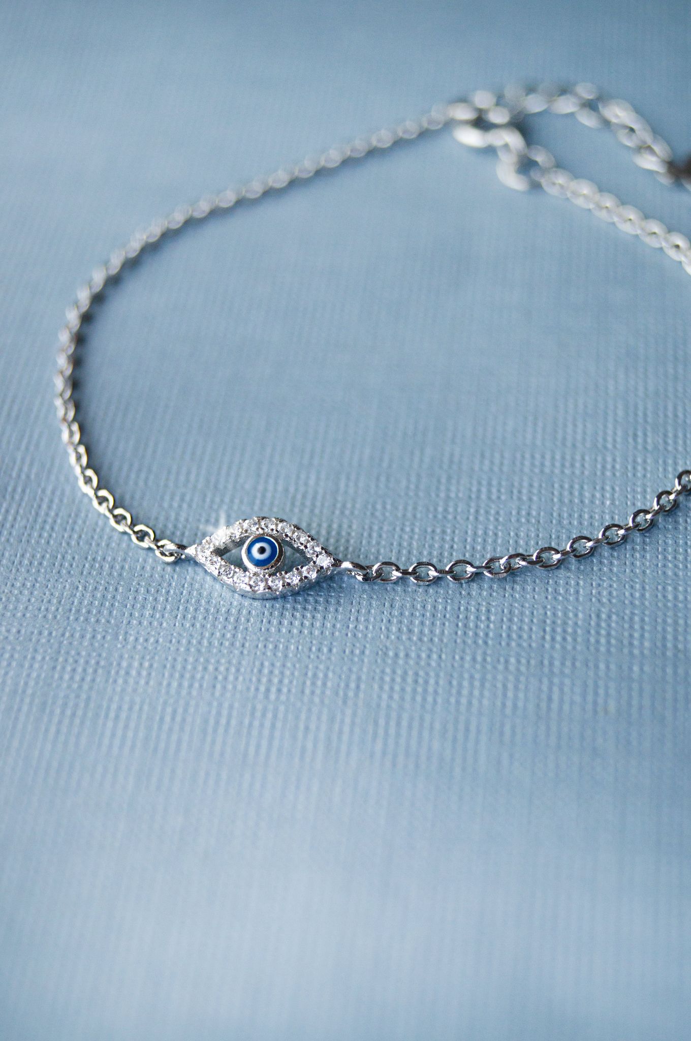 Evil Eye Hand-Painted Delicate Sterling Silver Chain Bracelet-Silver / 6 inches adjustable upto 8 inches