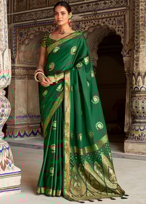 Jungle Green Woven Banarasi Satin Silk Saree With Brocade Blouse