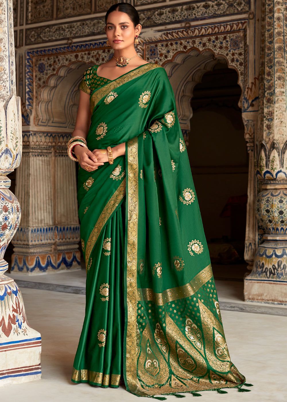 Jungle Green Woven Banarasi Satin Silk Saree With Brocade Blouse