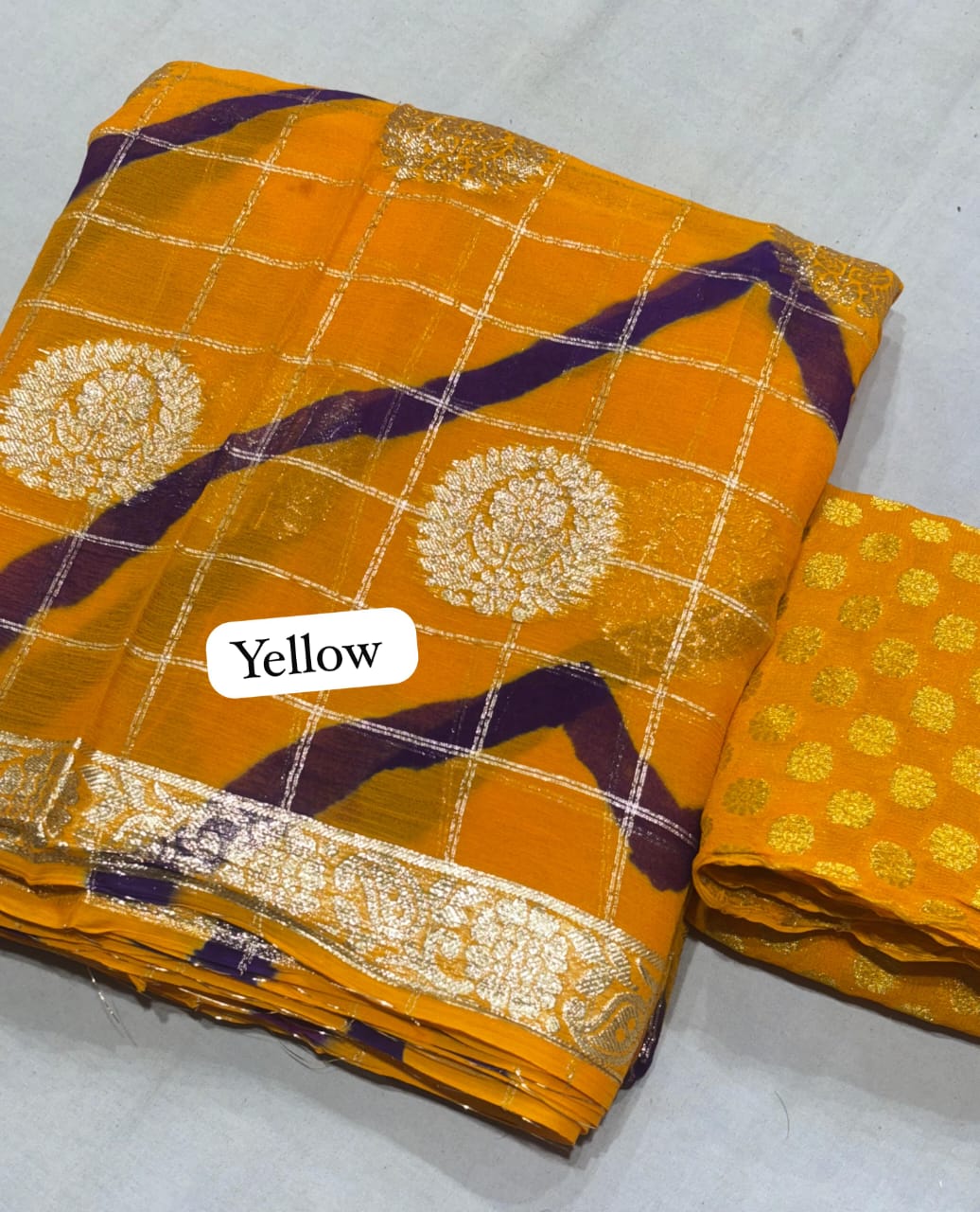 Pure  jorhat fabric with beautiful Jaipuri  bandej  malti shades lahriya  all over and hand Malti daing  zari havvy raning bp suppr saree