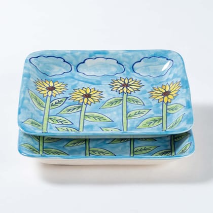 Eyaas Sunflower Painted Ceramic Square Serving Platter Set of 2