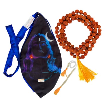 MAYAPURI Adiyogi Lord Shiva Printed Gomukhi Japa Bag, Pure Cotton Beads Bag/Chanting Bag, Japa Mala Bag, Jhola with 108+1 Beads 8 mm Rudraksha Japa Mala, Zip Pocket and Sakshi Mala Counter (Pack of 1)