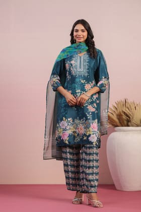 VIBRANT GREEN FLORAL DIGITAL PRINTED SUIT SET-S