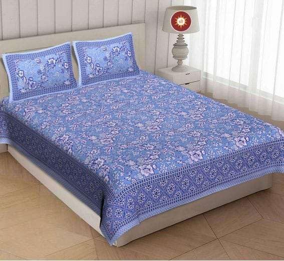 300 TC Double King Cotton Bedsheet Set with 2 Pillow Covers, 100 x 108 Inches, Hand Block Printed, Jaipuri, Dark Blue
