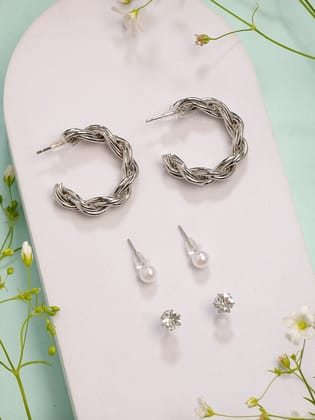 NVR Women's Set of 3 Silver-Plated Artificial Stones Half Hoop Earrings-Onesize / Silver / Alloy