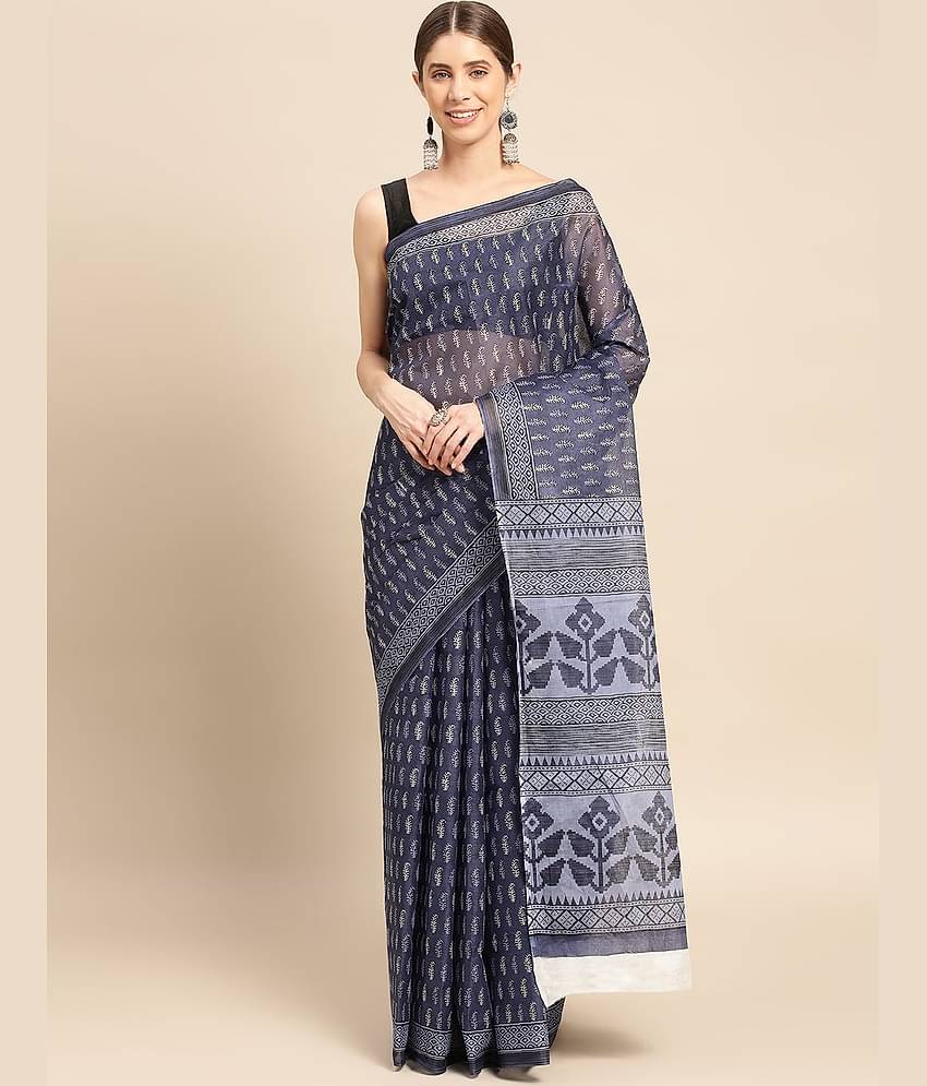 SHANVIKA Cotton Printed Saree Without Blouse Piece ( Blue )