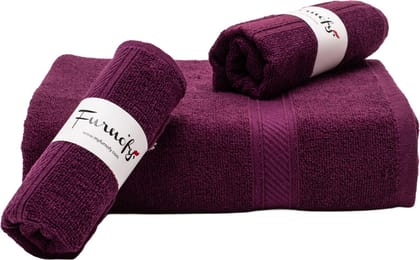 Furnofy Cotton 450 GSM Bath, Hand Towel Set Magenta (Pack Of 3)