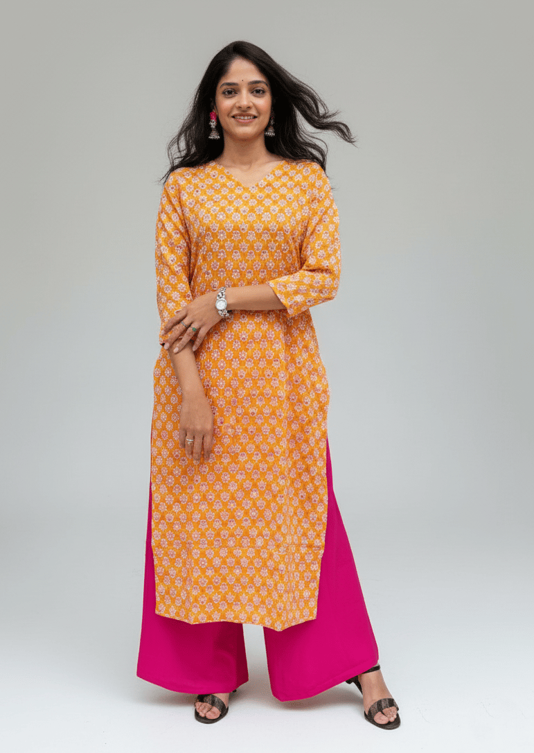 Rivaaj Ethnic Gayatri Straight Kurta (Size M) | Yellow Pure Cotton Fabric with Classic V-Neck | Casual Ethnic Wear | 3/4 Sleeves