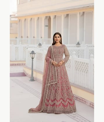 A TO Z CART Women Net Flared Semi Stitched Ethnic Gown With Dupatta ( Peach )