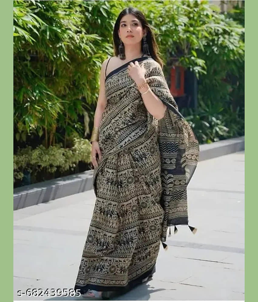JIHANA FAB Chiffon Printed Regular Saree With Unstitched Blouse Piece ( Black )