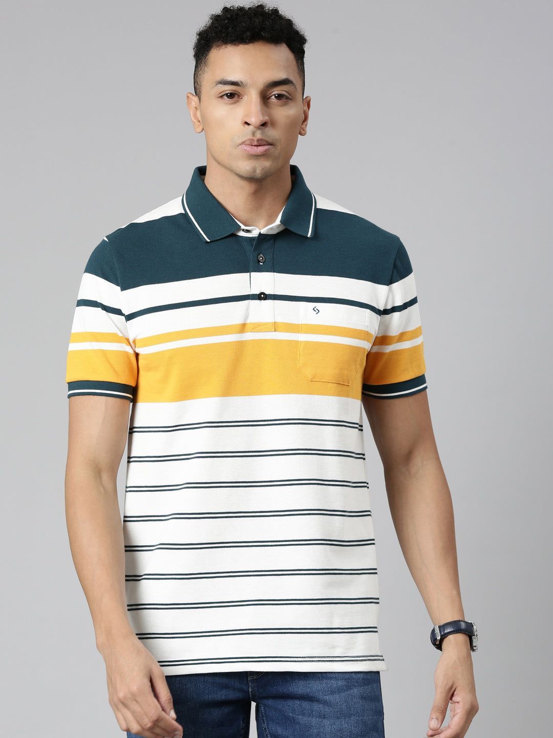 Classic Polo Men's Polo Neck Cotton White/Navy Slim Fit Striped T-Shirt | VTA-270 B SF P