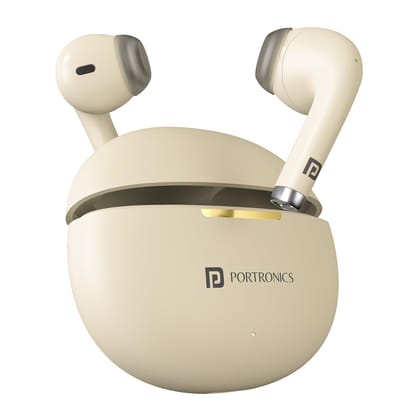 Portronics Harmonics Twins S19 Truly Wireless in Ear Earbuds with 30 Hours Playtime, Unique Earbuds Design, HD Quality Mic, Touch Control, Game or Music Mode, Low Latency, Type C Fast Charging(Biege)