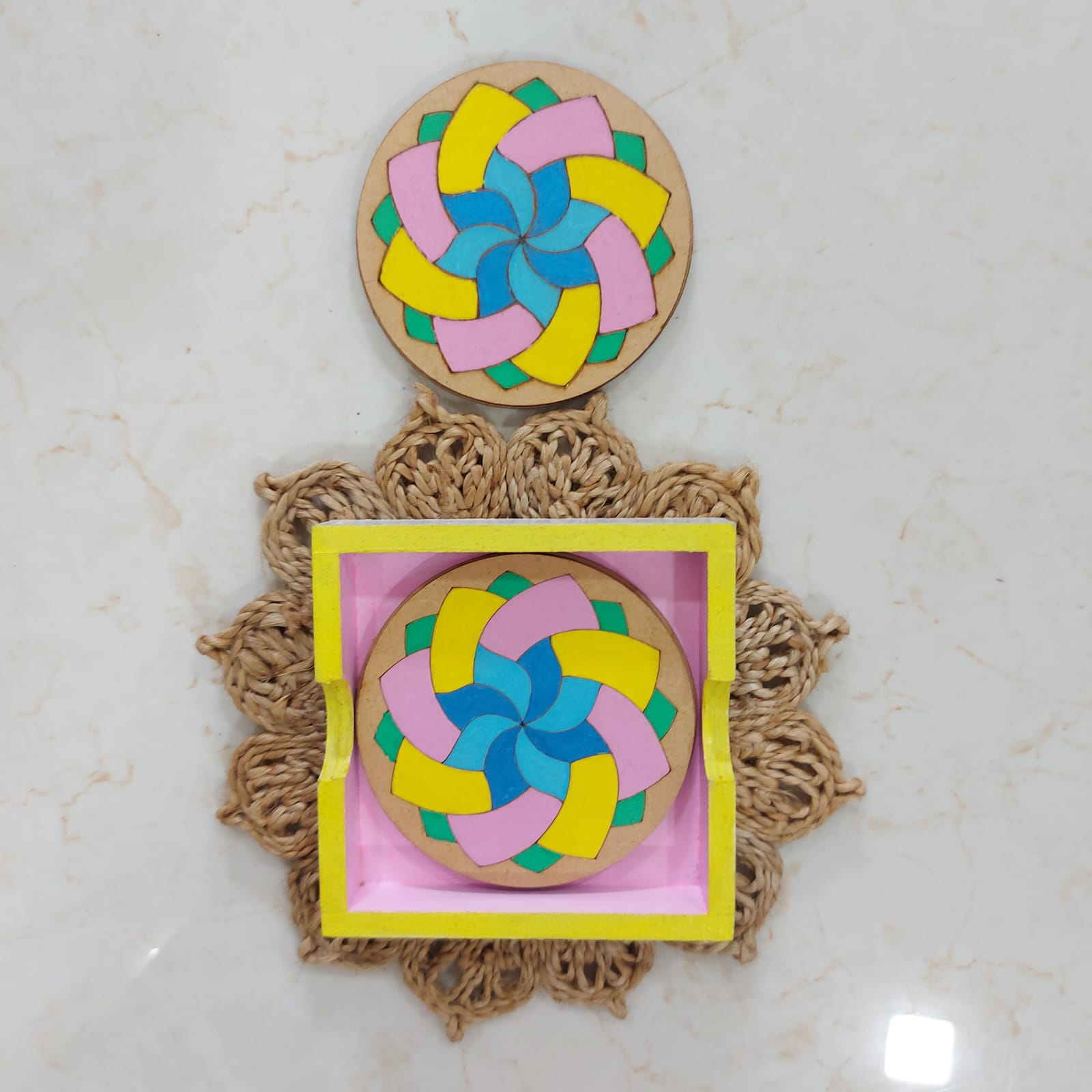 Kalakrishta Handpainted Swirl Flower Coaster Set of 6 with Holder