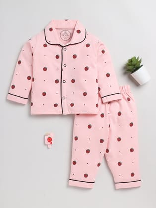 Strawberry Print Pink Full Sleeve Nightwear Set-6-9 m