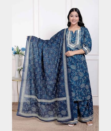 miravan Women Cotton Printed Straight Kurti With Palazzo ( Blue )