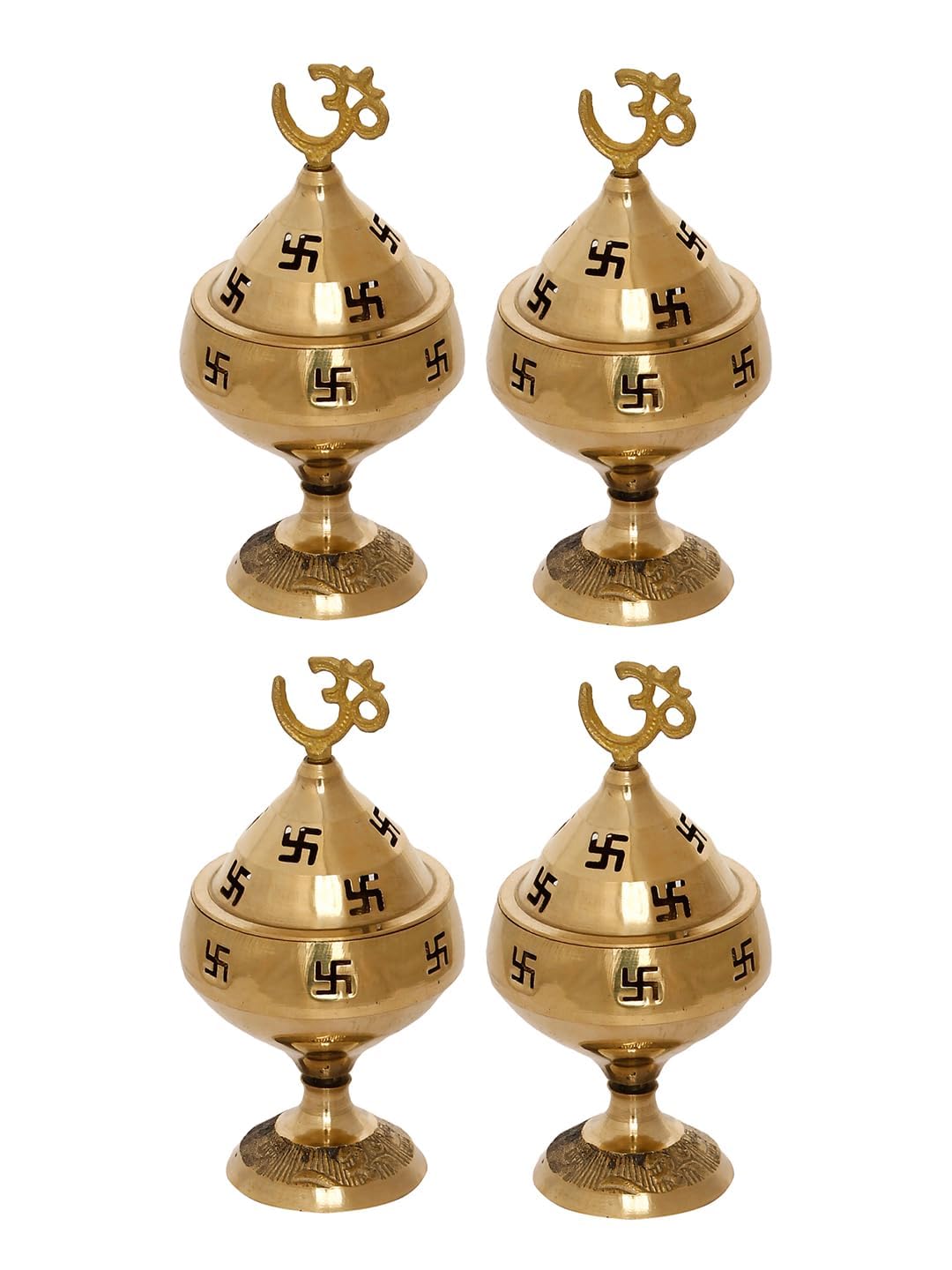 Gold Om And Swastik Symbol Decorative Akhand Brass Diyas - Auspicious Designer Diyas For Puja Room, Home, Office & Temple Decor (Om And Swastik Diya (Pack Of 4))