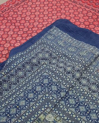Khamma Ghani Ajrakh Print Dark Blue & Red Reversible Bedspread