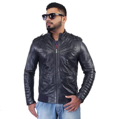 Bareskin Men's Navy Quilted Details Genuine Leather Biker Jacket-S