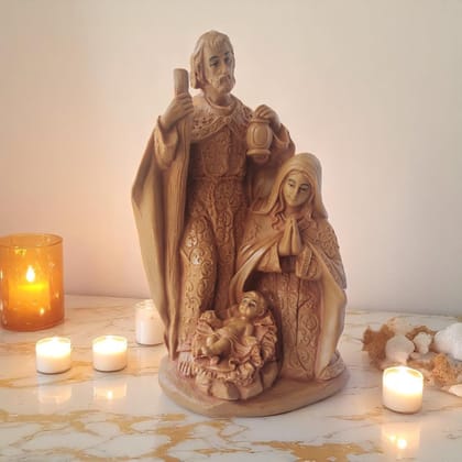 AMS Resin Holy Family Statue | Nativity Scene Idol with Baby Jesus, Mother Mary & Saint Joseph | Christmas Crib Set for Home Altar, Prayer Room & Festive D�cor | Brown Showpiece 19.5H x 10L x 8W Cm
