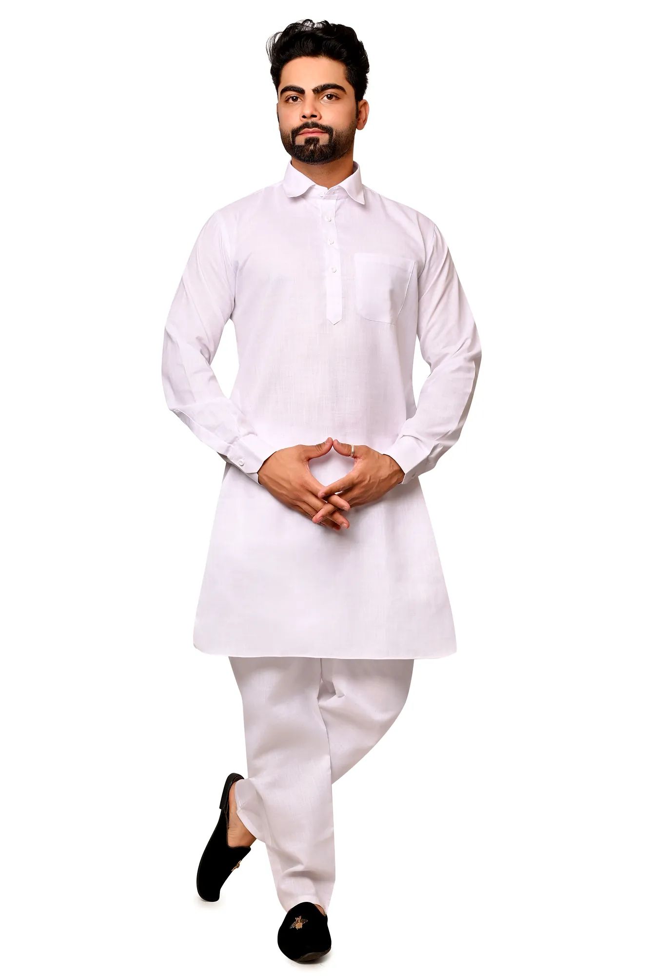 Pathani Kurta Set For Men (Color - White, Size - 34) by G P International