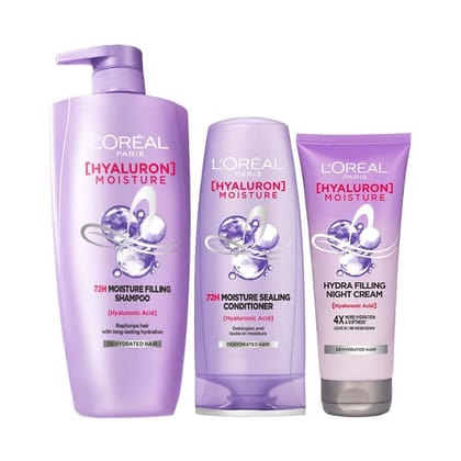 L'Oreal Paris Moisture Filling Shampoo, With Hyaluronic Acid, For Dry & Dehydrated Hair, Hyaluron Moisture 72H, 650ml, & Moisture Sealing Conditioner 180ml & Filling Night Cream 180ml L'Oreal Paris Moisture Filling Shampoo, With Hyaluronic Acid, For Dry 