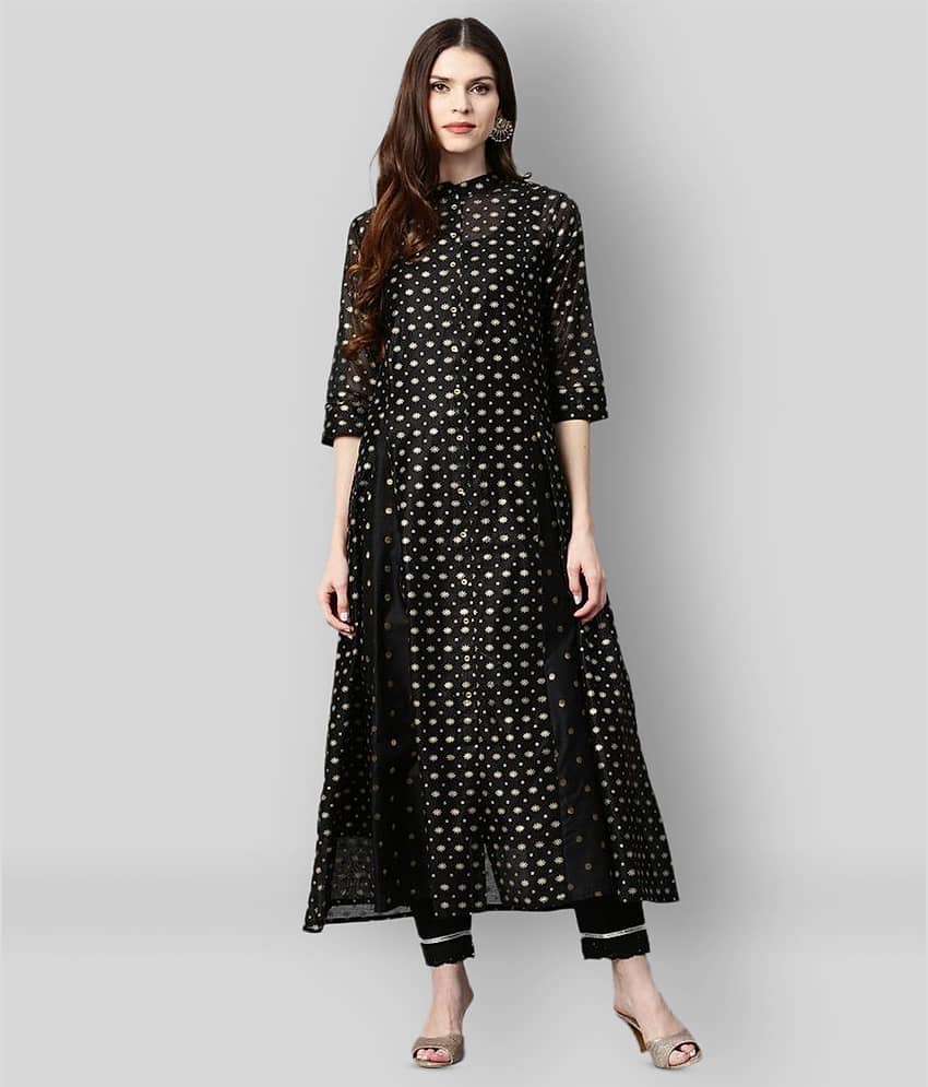 Juniper - Black Chanderi Women's Anarkali Kurti ( Pack of 1 )