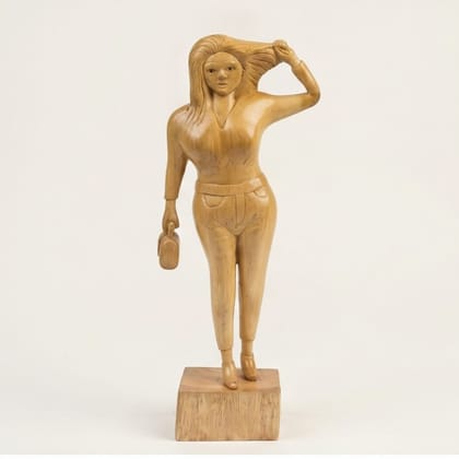 Handcrafted Wooden Lady Figurine with Handbag