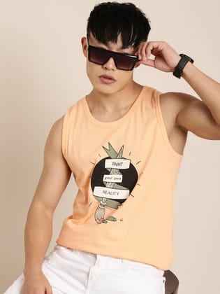 Orange Printed Crew Neck Tank Top-S