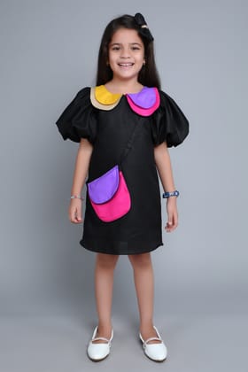 Puff Sleeves Colorblock Collar Cotton Dress with Matching Sling and Bow Clip -Black-1-2Y / Black