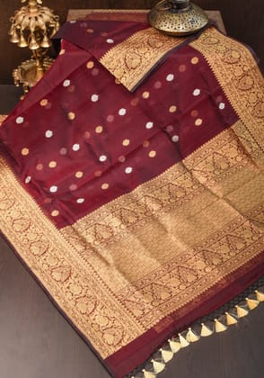 Brown Exquisite Banarasi Kora Silk Saree with Zari Motifs with kadhuwa weave | SILK MARK CERTIFIED