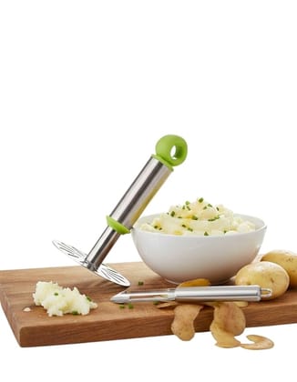Giftora 2-in-1 Stainless Steel Potato Vegetable Pav Bhaji Masher, Multicolour Masher & Peeler Set | Heavy Duty Kitchen Tool for Effortless Mashing & Peeling, Rust-Free & Easy to Clean