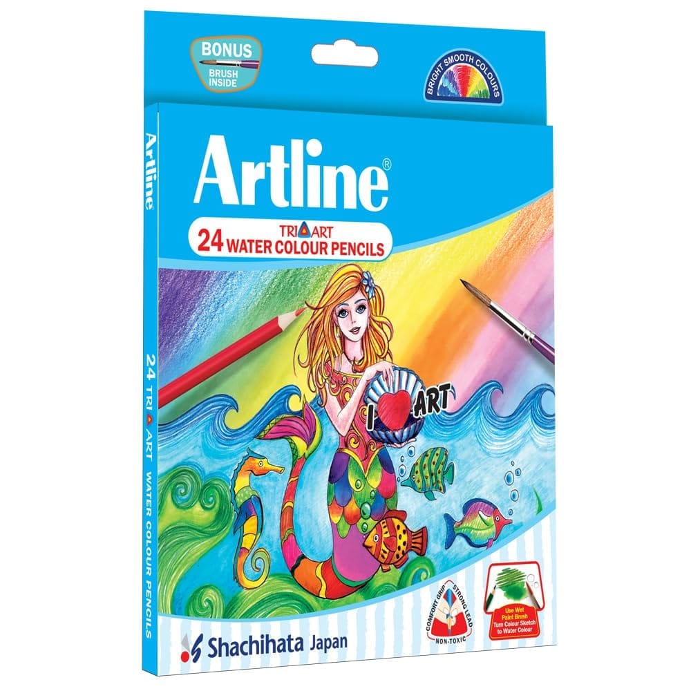 Artline Triart water colour Pencil Pack of 24 with brush | Child Safe Pencil  Free From Harmful Phthalate