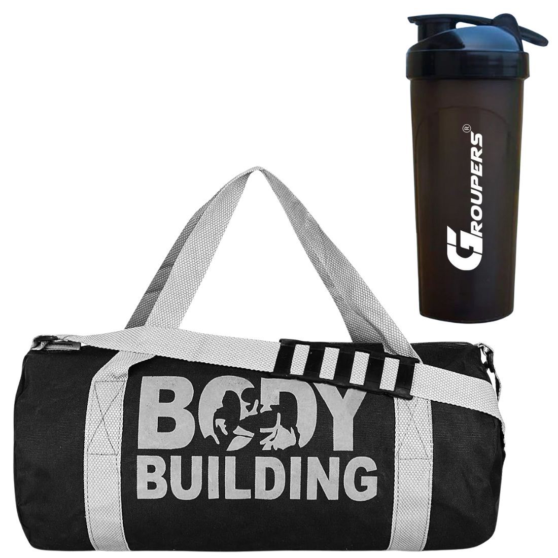 GROUPERS Duffle Canvas Bag with Shaker Bottle-700ml (Black)