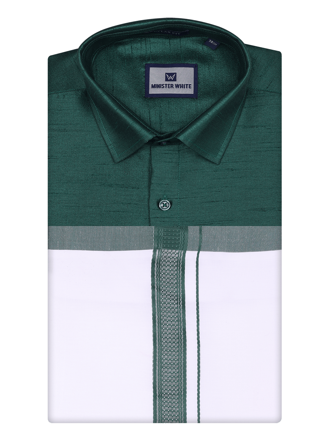 Mens Dark Green Dupion Satin Shirt with Matching Border Dhoti Combo Gora-36 / F/S / Green