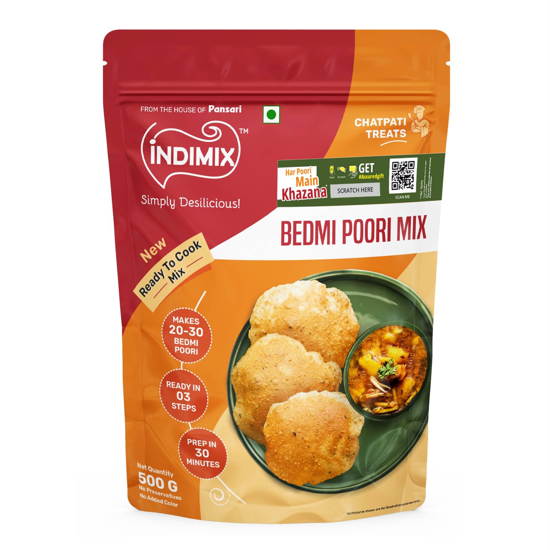 Indimix Ready to Cook Bedmi Poori Mix - 500g ( Pack of 20 )